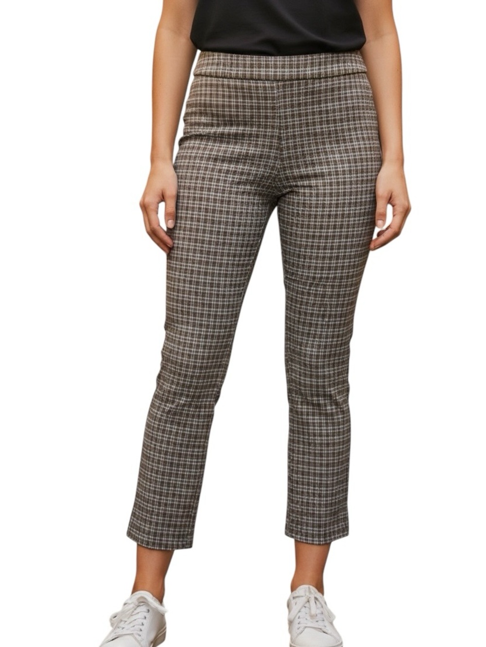 Lysse Plaid Cropped Pants - Brown & Cream Pull-on Fitted NEW